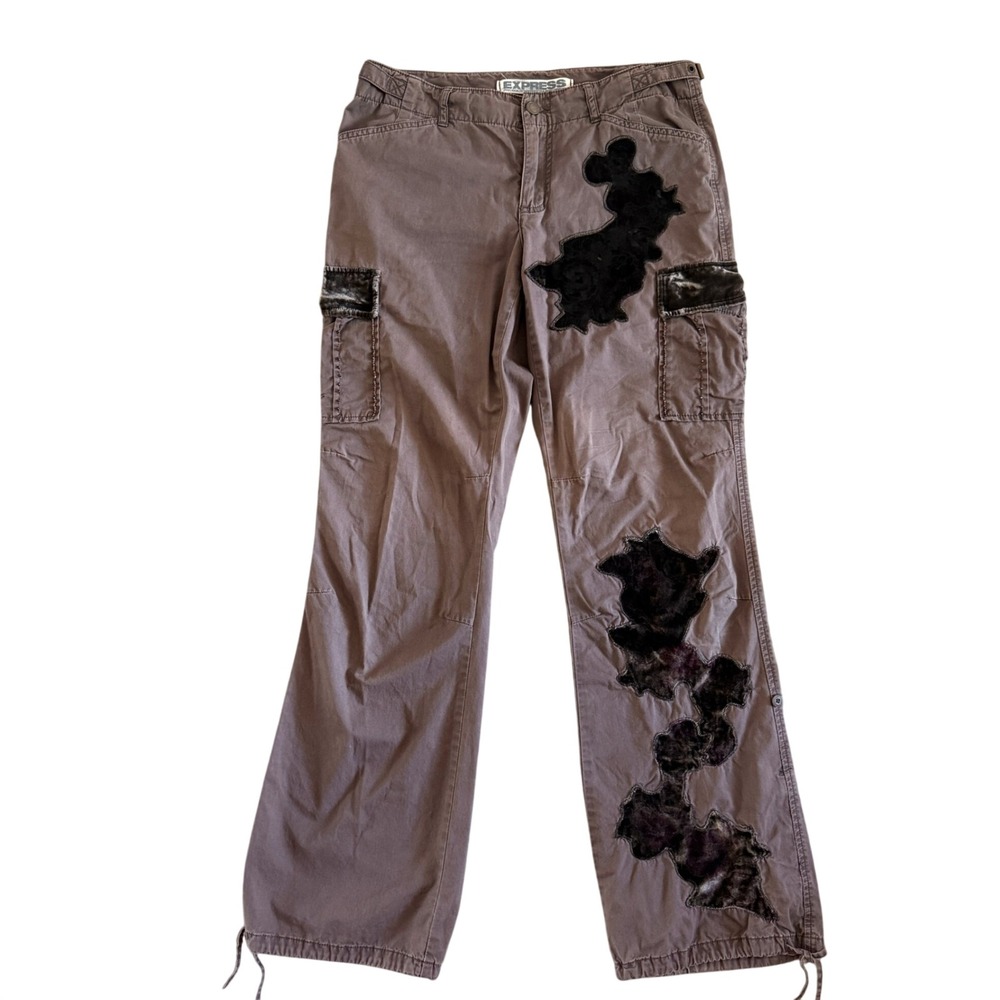 Express Vintage Y2K Cargo Pants sz 6 Velvet Patch Beaded Mauve Taupe Utility